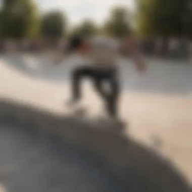 Skate park with a diverse group of skateboarders practicing tricks