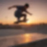 Skateboarder performing a kickflip trick at sunset