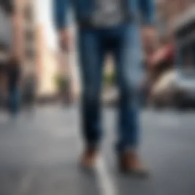 Male model in blue denim jeans walking on city street