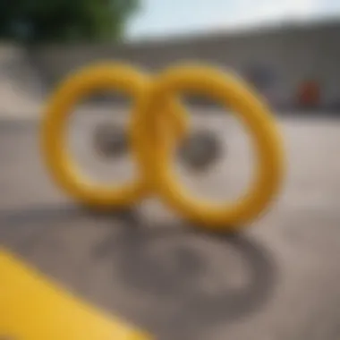 Yellow wheels displayed in a creative composition against urban skate park backdrop