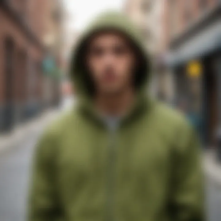 Fashionable individual sporting an olive green zip-up hoodie in an urban setting