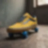 Iconic Vans Old Skool Yellow and Blue sneakers on a skateboard