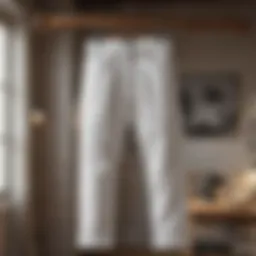 White jeans hanging on a vintage wooden hanger