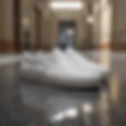 Fashionable white Vans Slip-Ons on marble floor