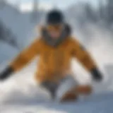 Dynamic action shot of a snowboarder carving through fresh powder.