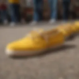 Vibrant yellow Toms shoes standing out in a crowd