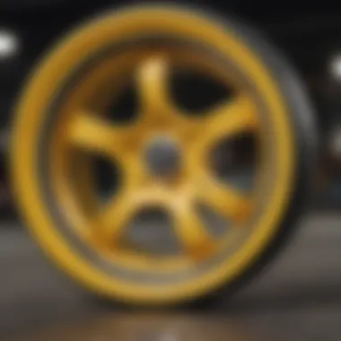 Yellow wheel close-up showcasing intricate design details