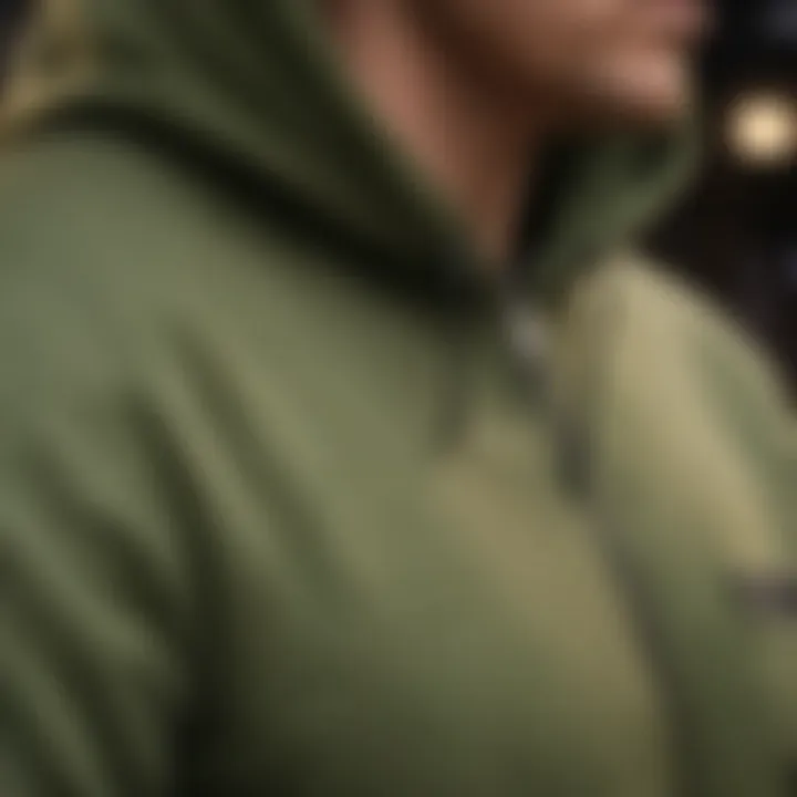 Close-up of high-quality zipper detail on olive green zip-up hoodie